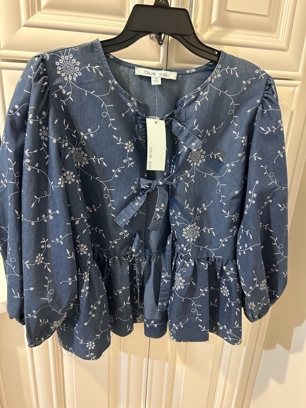 Blue Floral Tie-Front Peplum Blouse by Blue Sol